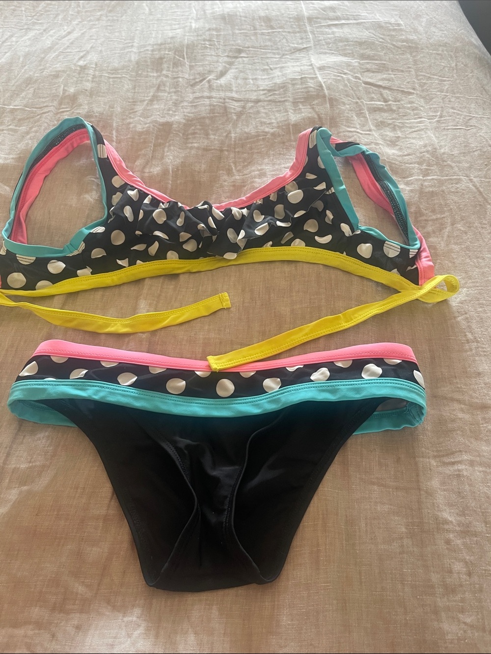 Black Polka Dot Bikini with Pink, Teal & Yellow Trim
